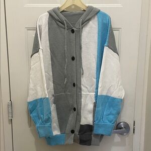 NWOT Color-Block Gray and Blue Buttoned Hooded 3X Polyester Blend  Sweater